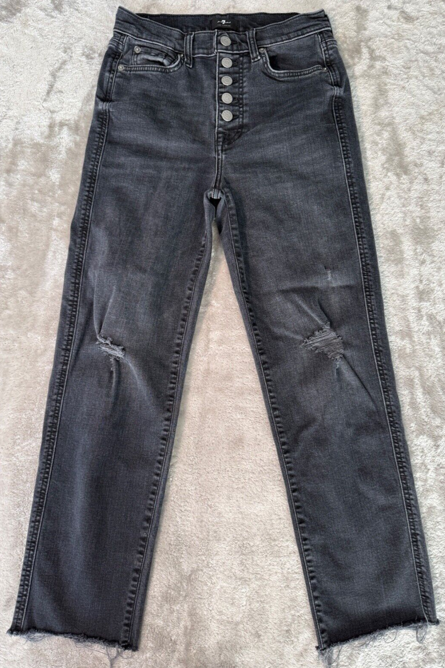 7 For All Mankind High Waist Black Denim Distressed Cropped Jeans Measures 26